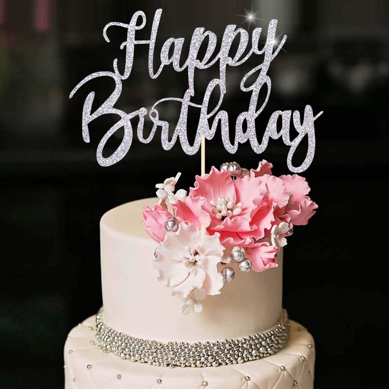 YUINYO Handmade Glitter happy birthday Cake Topper  Happy Birthday Cake Bunting Decor Birthday Party Decoration Supplies (Silver) - Image 3