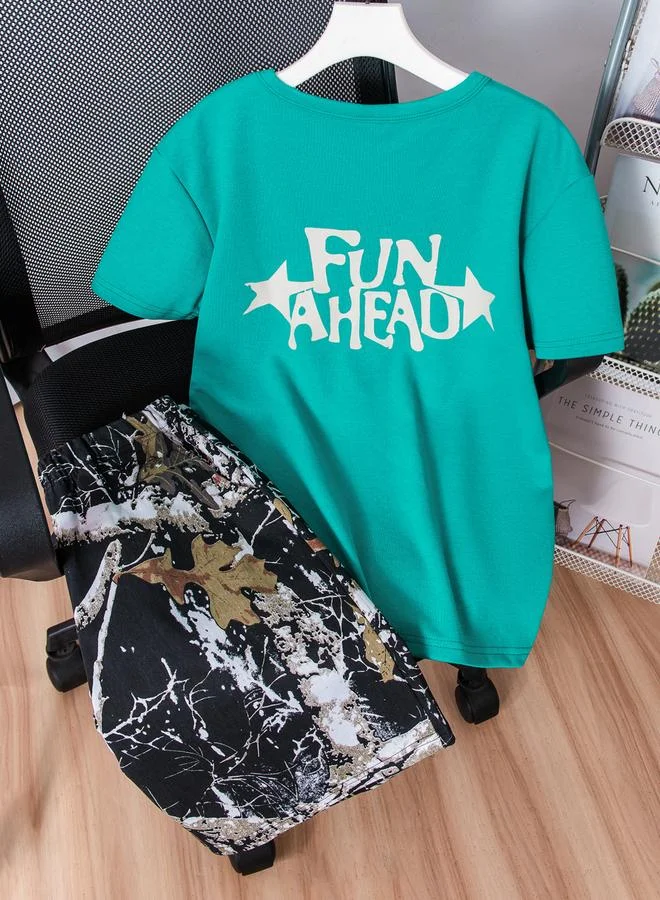 Take Two Turquoise Short Sleeve T-Shirt and Printed Shorts Co-Ords