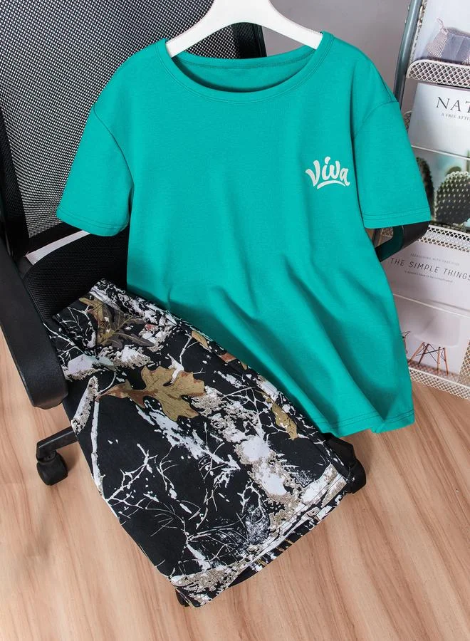 Take Two Turquoise Short Sleeve T-Shirt and Printed Shorts Co-Ords