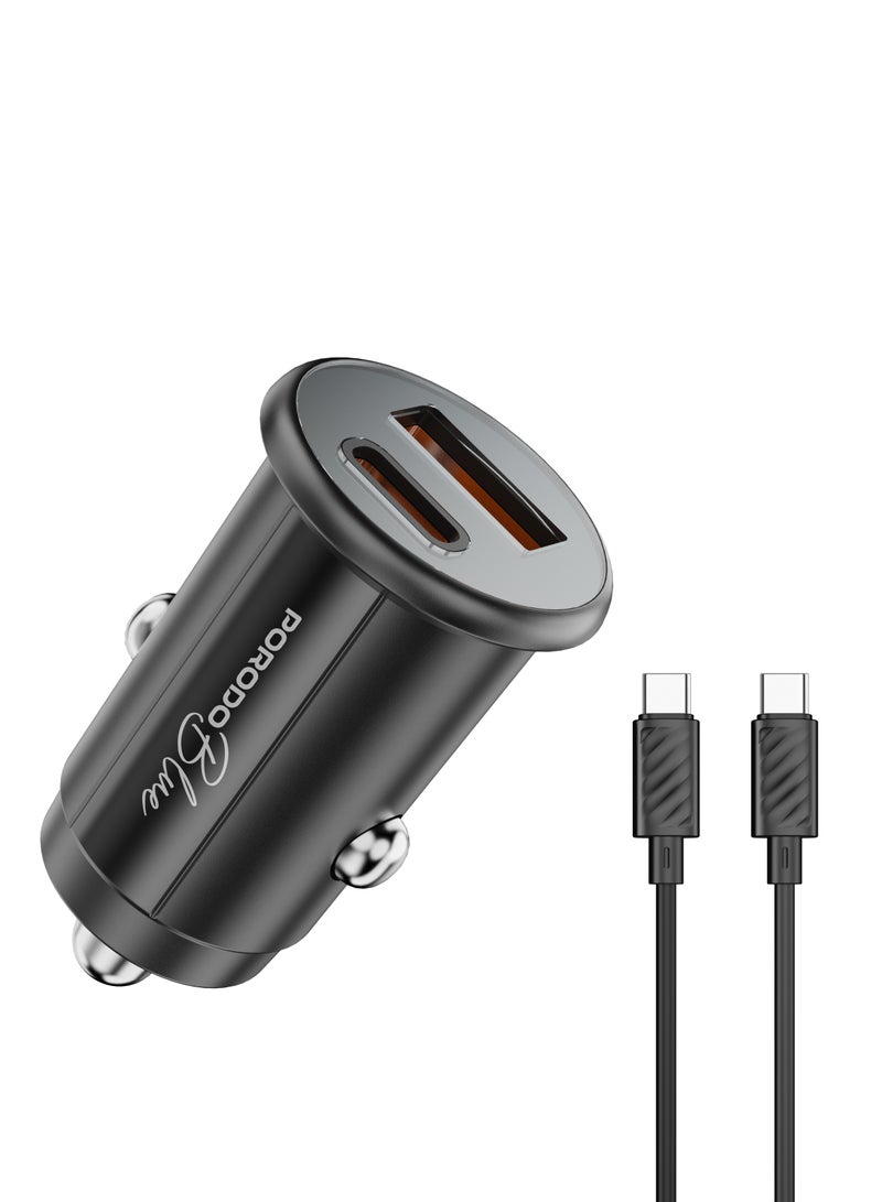 porodo Dual Port 30W Car Charger with Type-C to Type-C Cable /USB-A and USB-C Ports / Compact and Powerful Charging Solution / Fast and Safe Charging During Travel - Black  - Image 1