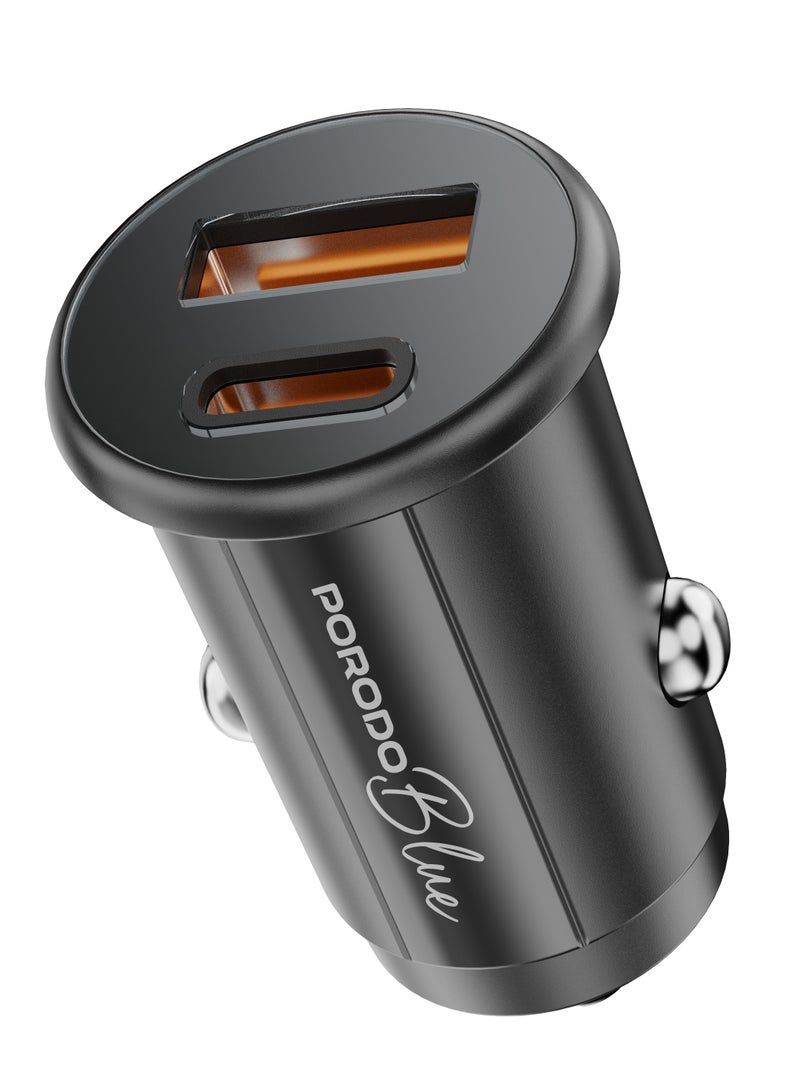porodo Dual Port 30W Car Charger with Type-C to Type-C Cable /USB-A and USB-C Ports / Compact and Powerful Charging Solution / Fast and Safe Charging During Travel - Black  - Image 2