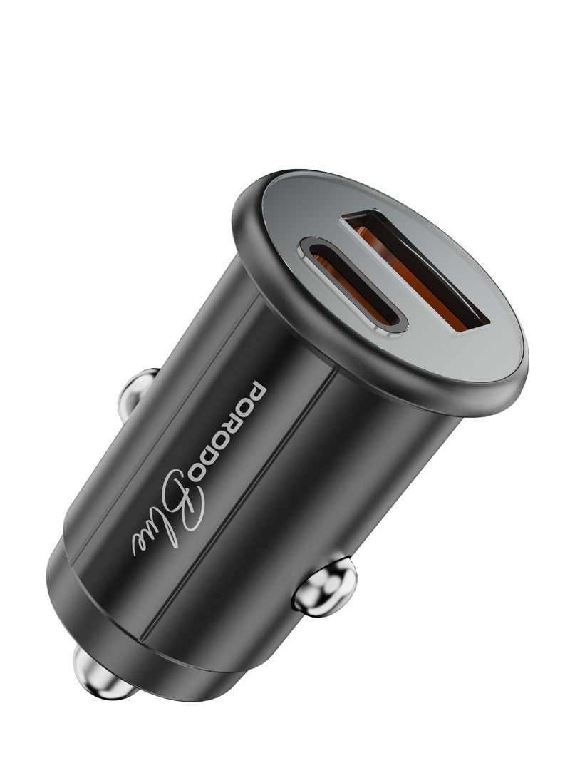 porodo Dual Port 30W Car Charger with Type-C to Type-C Cable /USB-A and USB-C Ports / Compact and Powerful Charging Solution / Fast and Safe Charging During Travel - Black  - Image 5