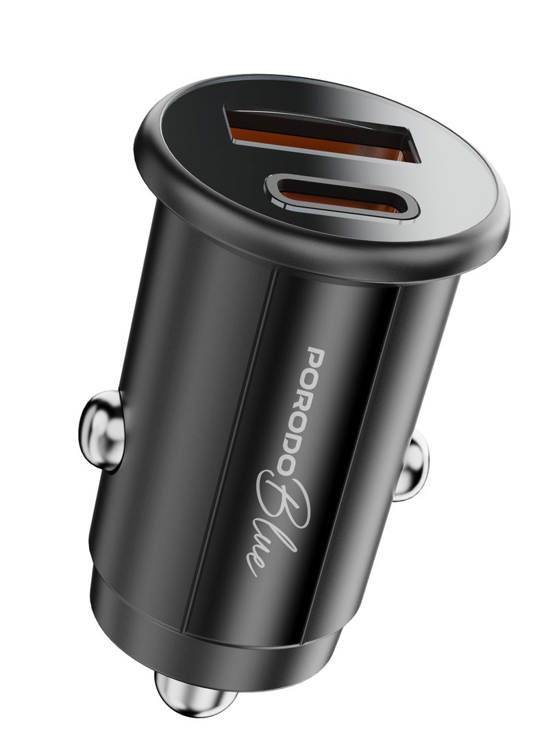 porodo Dual Port 30W Car Charger with Type-C to Type-C Cable /USB-A and USB-C Ports / Compact and Powerful Charging Solution / Fast and Safe Charging During Travel - Black  - Image 4