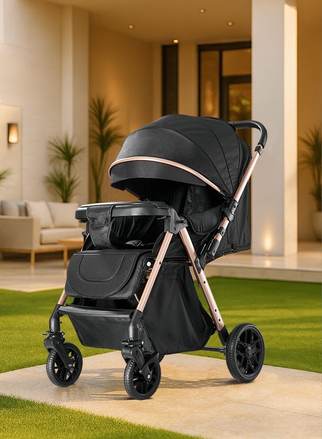 Luxury Two-Way Baby Stroller High-View – Reversible Handle, One-Touch Fold, Washable Bassinet, UPF 50+ Sun Canopy, Mosquito Net, Snack Tray, Cup Holder, Lightweight & Compact, 60KG Load – Grey