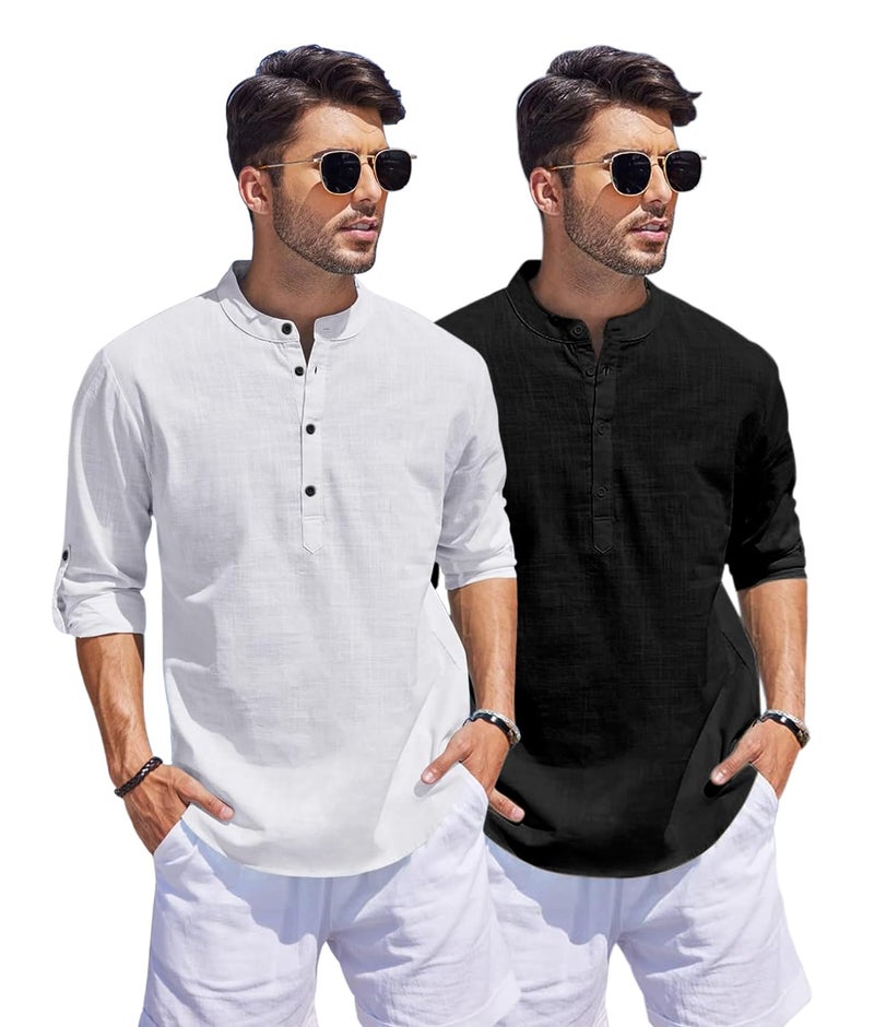 Bellstone Men's Cotton Blend Straight Kurta Shirt Combo with Mandarin Collar - Slim Fit Casual Short Kurti Set Featuring Textured Slub Fabric and Roll-Up Full Sleeves - Image 3