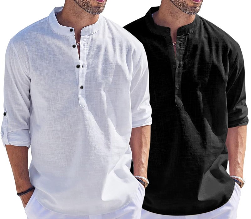 Bellstone Men's Cotton Blend Straight Kurta Shirt Combo with Mandarin Collar - Slim Fit Casual Short Kurti Set Featuring Textured Slub Fabric and Roll-Up Full Sleeves - Image 1