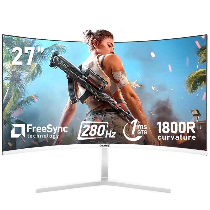 Gawfolk شاشة كمبيوتر Gawfolk مقاس 27 بوصة، منحنية 1800R، شاشات ألعاب 280Hz، FHD 1080p 1ms، Freesync، 98% sRGB، زاوية رؤية 178 درجة HDMI2.0، DisplayPort، متوافقة مع التركيب على الحائط 100 * 100MM - أبيض - Image 1