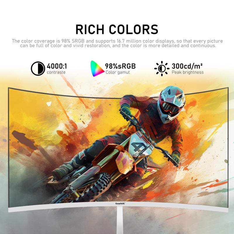 Gawfolk شاشة كمبيوتر Gawfolk مقاس 27 بوصة، منحنية 1800R، شاشات ألعاب 280Hz، FHD 1080p 1ms، Freesync، 98% sRGB، زاوية رؤية 178 درجة HDMI2.0، DisplayPort، متوافقة مع التركيب على الحائط 100 * 100MM - أبيض - Image 5