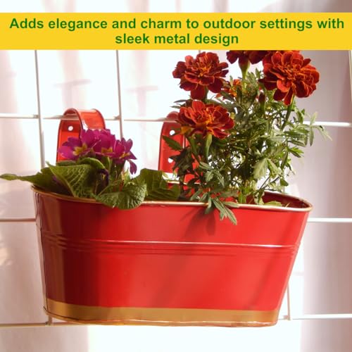 ecofynd 12 Inches Aurelia Railing Planters for Balcony, Hanging Pots for Plants, Wall Hanging Decorative Planters for Vertical Garden, Oval,12 inches Pack of 1 (Red) - Image 4