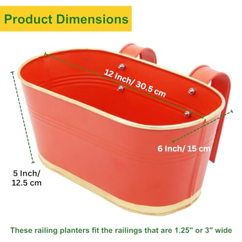 ecofynd 12 Inches Aurelia Railing Planters for Balcony, Hanging Pots for Plants, Wall Hanging Decorative Planters for Vertical Garden, Oval,12 inches Pack of 1 (Red) - Image 2