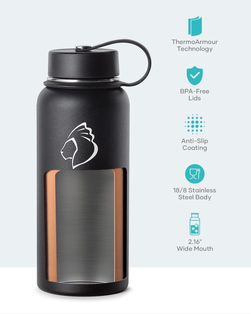 BUZIO Stainless Steel Water Bottle (Cold for 48 Hrs, Hot for 24 Hrs), 32 oz Vacuum Insulated Water Bottle with Straw Lid and Flex Cap (Double Wall, Wide Mouth, BPA Free, Leak Proof), Black - Image 4