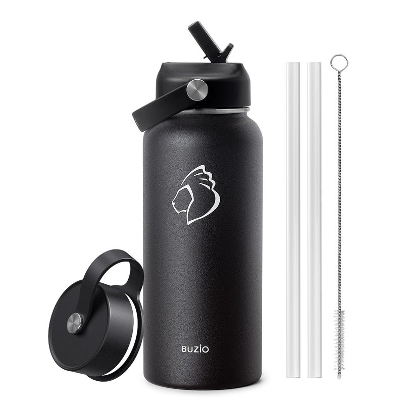 BUZIO Stainless Steel Water Bottle (Cold for 48 Hrs, Hot for 24 Hrs), 32 oz Vacuum Insulated Water Bottle with Straw Lid and Flex Cap (Double Wall, Wide Mouth, BPA Free, Leak Proof), Black - Image 1