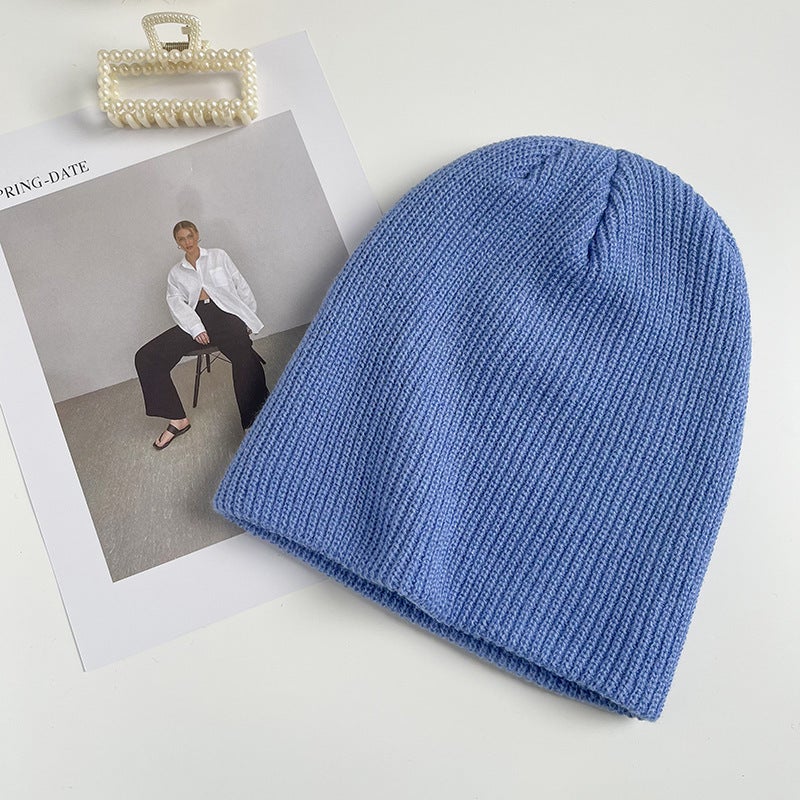 White knitted hat for women autumn and winter Korean style fashionable all-matching solid color big head circumference wool pullover hat confinement delivery Sky Blue