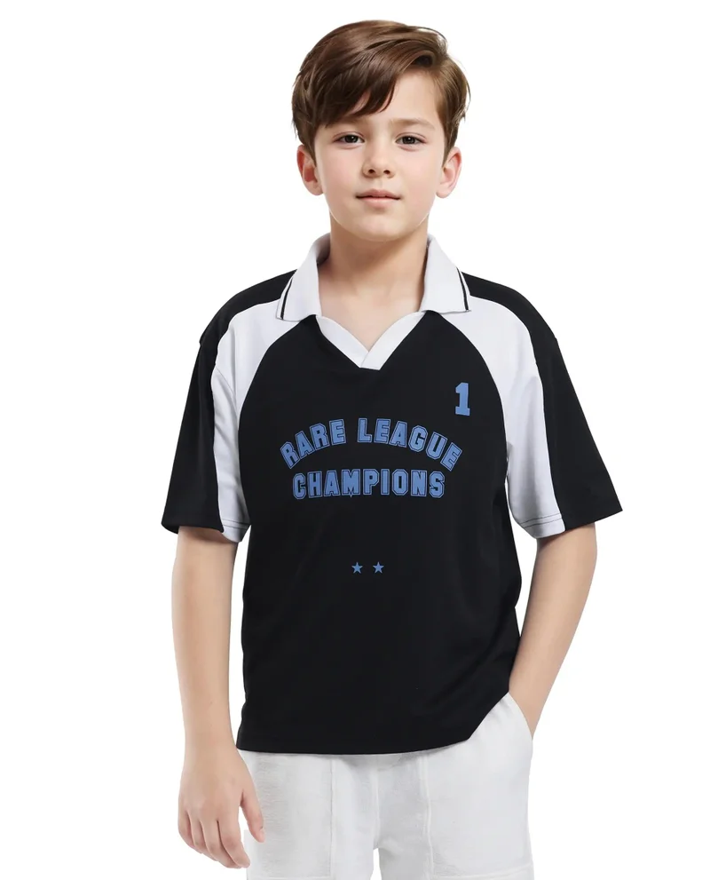 Rare Ones Rare Ones Kids Faze Black Cotton Blend Half Sleeve Printed Boxy Fit Polo