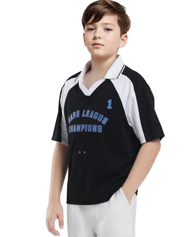 Rare Ones Rare Ones Kids Faze Black Cotton Blend Half Sleeve Printed Boxy Fit Polo