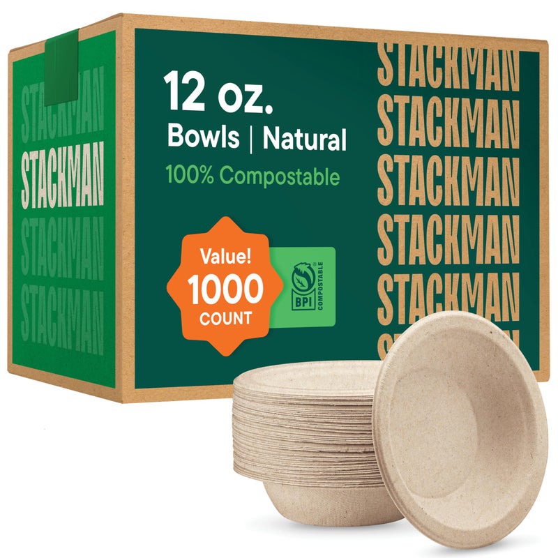 100 Compostable Paper Bowls 12 oz 1000 Count HeavyDuty Soup Bowls Natural Brown Color Unbleached Bagasse Bowls EcoFriendly Disposable Biodegradable Sugarcane Bulk Case 8125 Pack