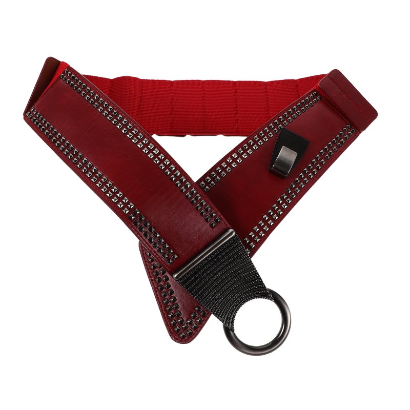 Rivet Belt - Women Punk Studded Rivet Elastic Waist Belt Retro Waist - Red Wide Stretchy Waistband For Festival Dress Party Medieval Punk Wear - Image 3