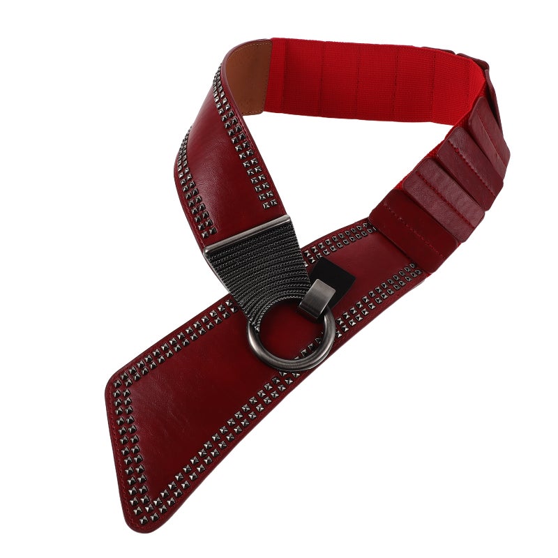 Rivet Belt - Women Punk Studded Rivet Elastic Waist Belt Retro Waist - Red Wide Stretchy Waistband For Festival Dress Party Medieval Punk Wear - Image 4
