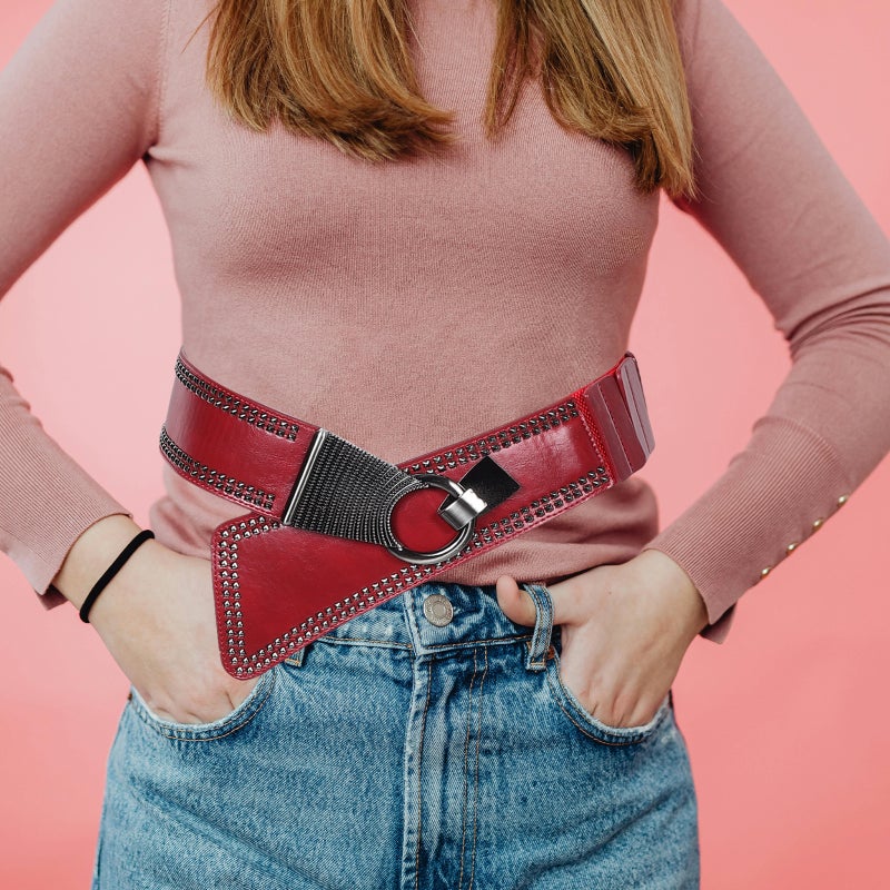 Rivet Belt - Women Punk Studded Rivet Elastic Waist Belt Retro Waist - Red Wide Stretchy Waistband For Festival Dress Party Medieval Punk Wear - Image 5