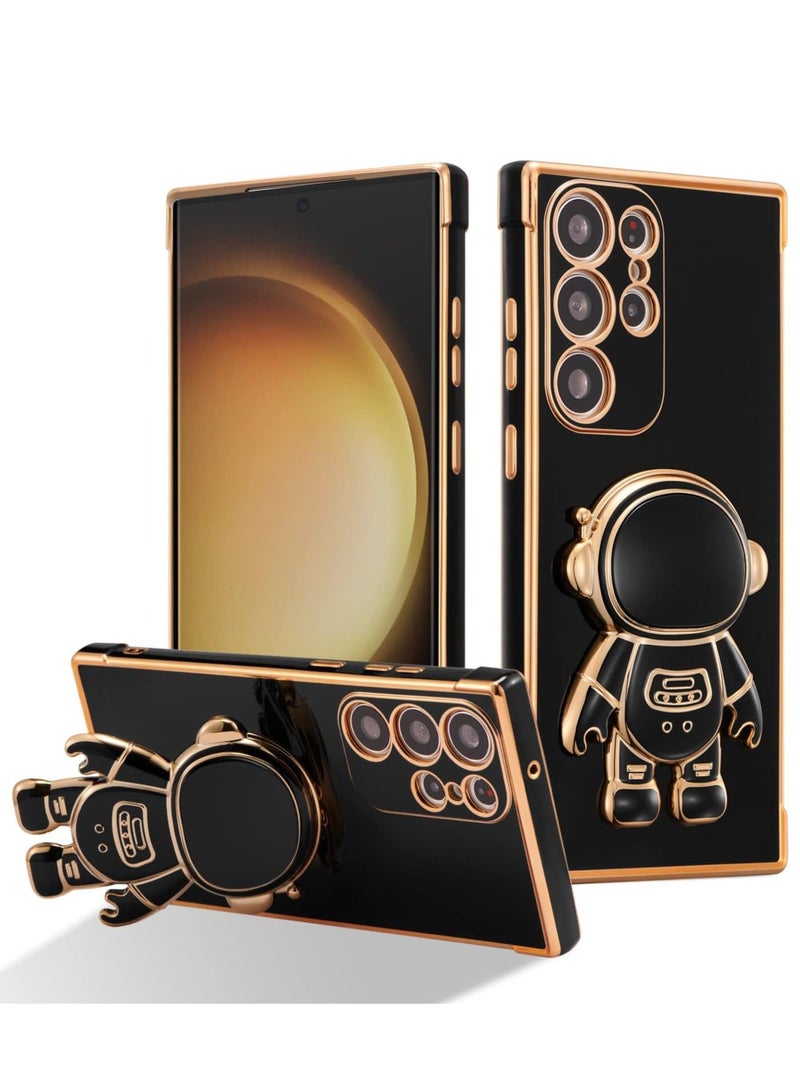 Arabest Samsung Galaxy S23 Ultra 5g case for Luxury Plating Cartoon Astronaut Stand Holder Phone Case with Cute Heart Side Small Pattern Soft Silicone Shockproof Kickstand Bumper,Black - Image 1
