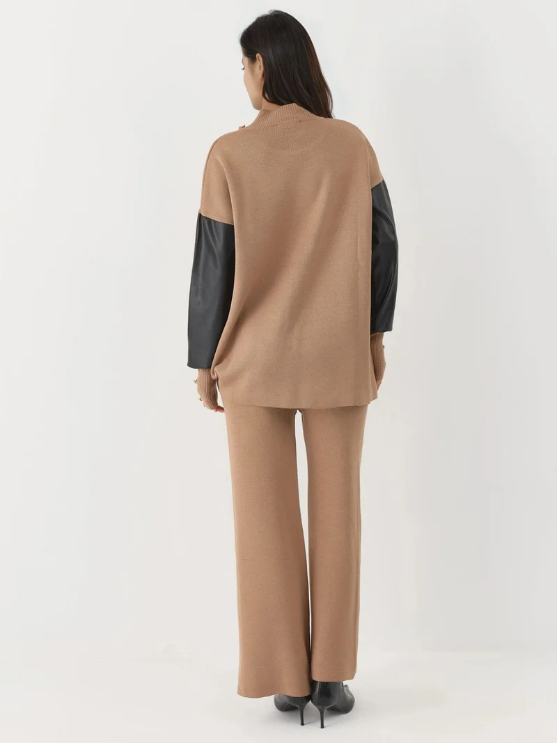 MY FASHION Camel Brown MY FASHION Faux Leather Detailed Sweater for Women | Best Price UAE