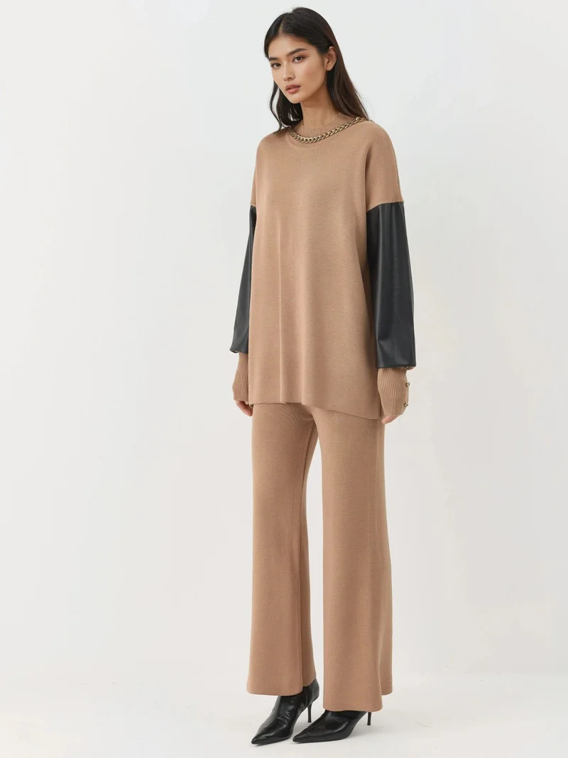 MY FASHION Faux Leather Detailed Sweater