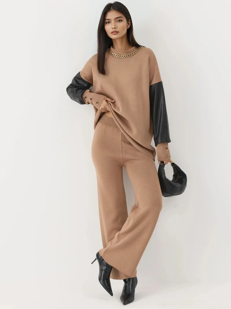 MY FASHION Camel Brown MY FASHION Faux Leather Detailed Sweater for Women | Best Price UAE