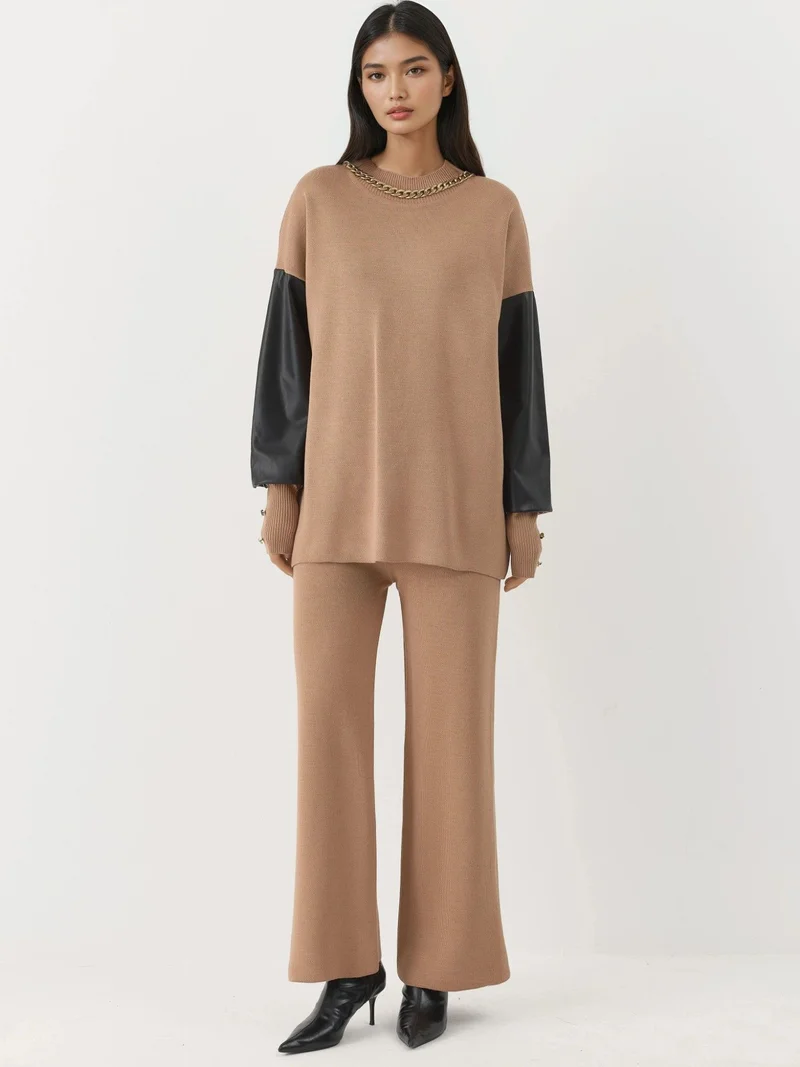 MY FASHION Camel Brown MY FASHION Faux Leather Detailed Sweater for Women | Best Price UAE