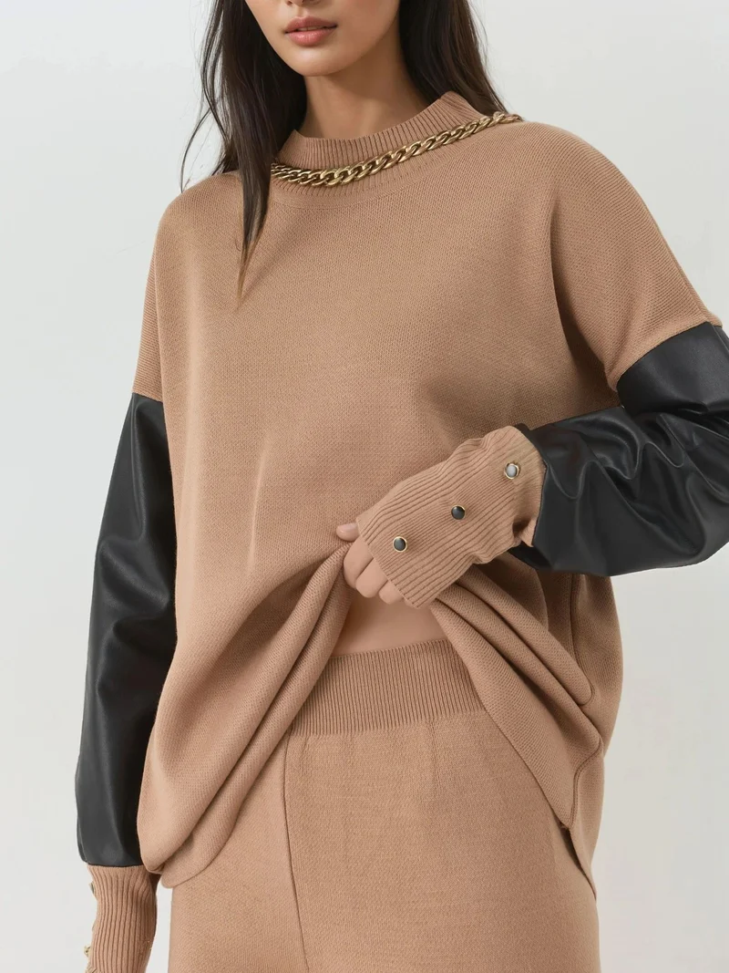 MY FASHION Camel Brown MY FASHION Faux Leather Detailed Sweater for Women | Best Price UAE