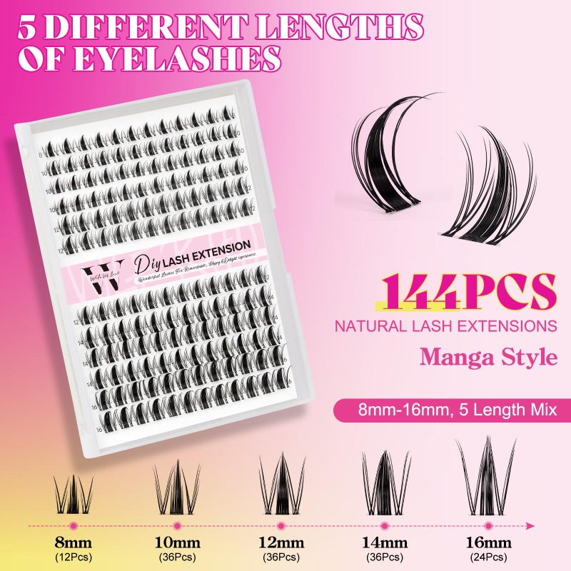 WLFRHD Fairy Lash Clusters 144pcs DIY Wispy Manga Style Natural Look Manga Eyelash Clusters D Curly Cluster Eyelash Extensions Individual Anime Lash Extension with Invisible Thin Band(8-16mm-Mixed) - Image 3