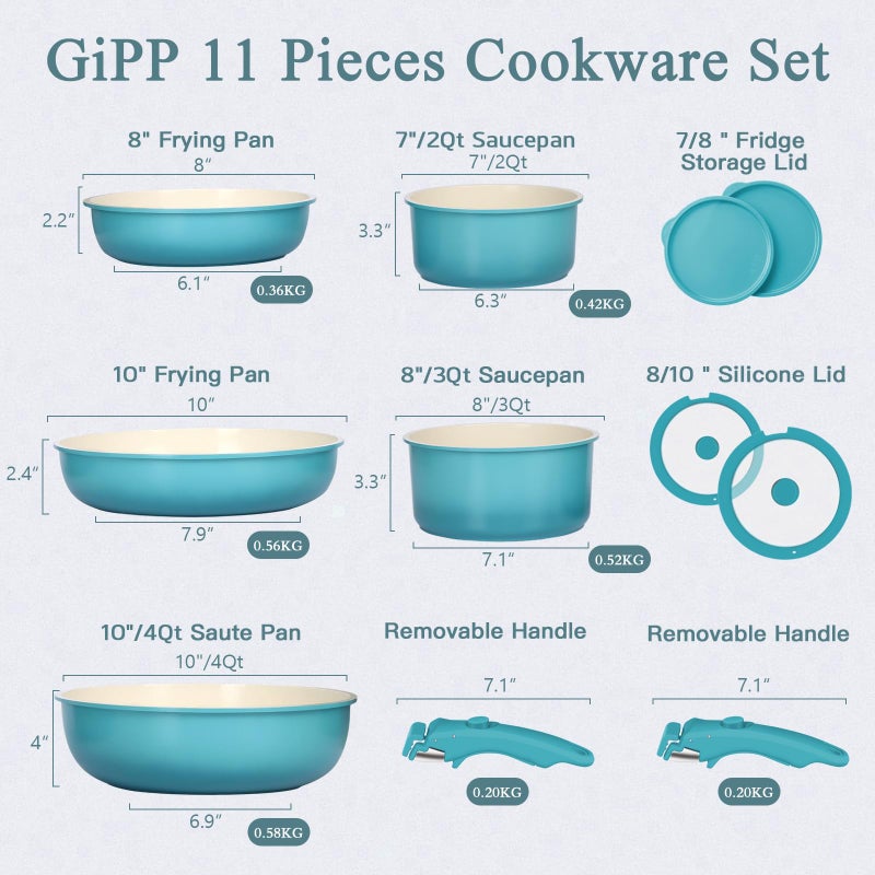 GIPP 11pcs Pots and Pans Set Non Stick, Nonstick Cookware Set Detachable Handle, Ceramic Pots for Cooking Non Stick with Removable Handle, RV Cookware Set for All Stoves, Light Blue Gradient - Image 3