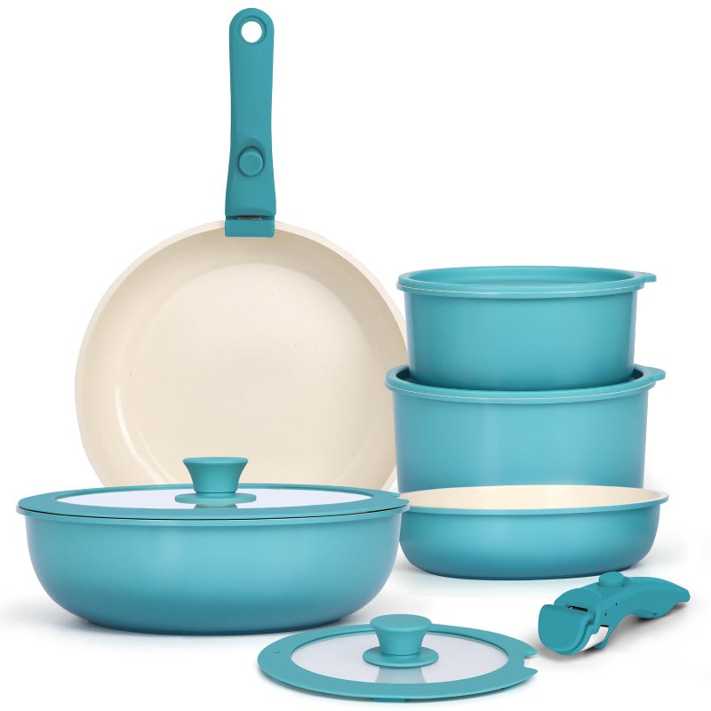 GIPP 11pcs Pots and Pans Set Non Stick, Nonstick Cookware Set Detachable Handle, Ceramic Pots for Cooking Non Stick with Removable Handle, RV Cookware Set for All Stoves, Light Blue Gradient - Image 1