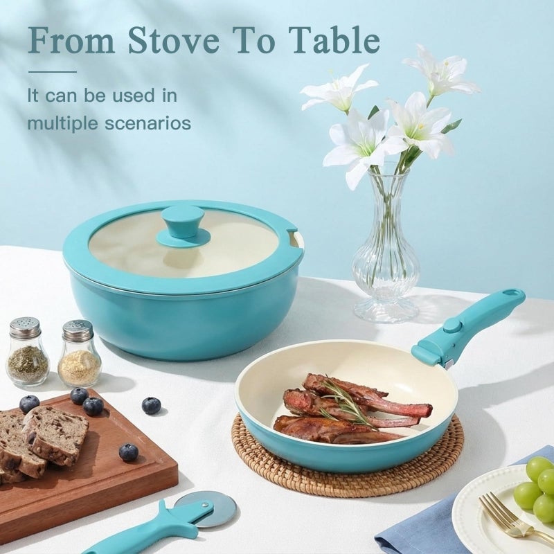 GIPP 11pcs Pots and Pans Set Non Stick, Nonstick Cookware Set Detachable Handle, Ceramic Pots for Cooking Non Stick with Removable Handle, RV Cookware Set for All Stoves, Light Blue Gradient - Image 5