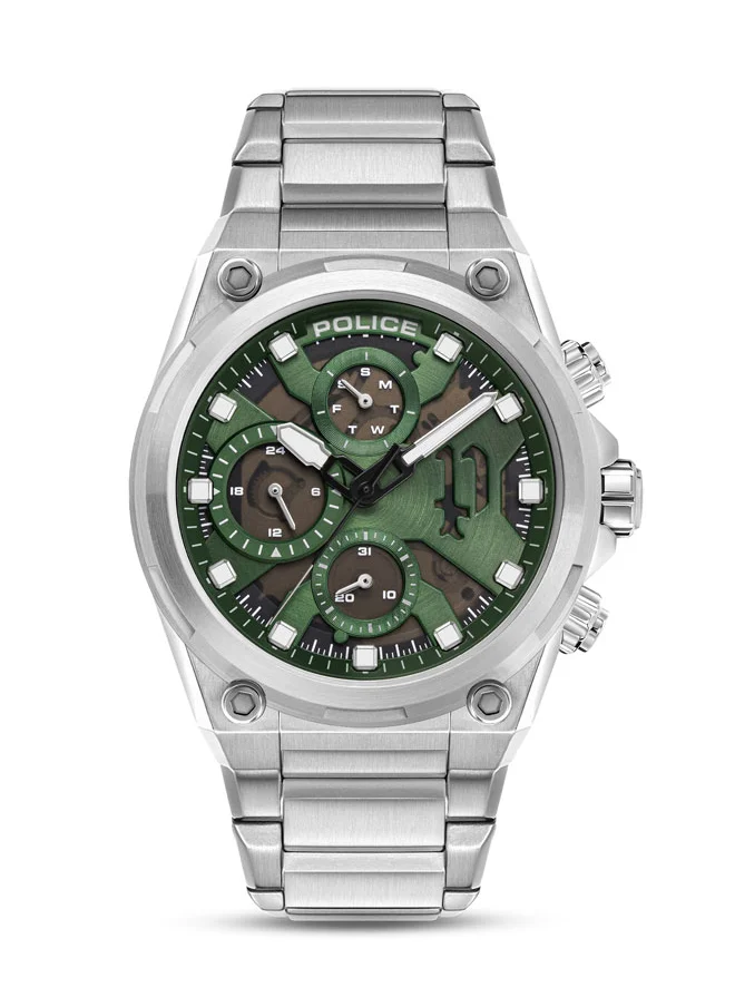 POLICE Airflow Men's 43mm Multifunction Watch with Hydraulic Green Plate, Black Dial & 316L Stainless Steel Bracelet