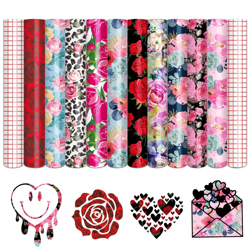 فينيل دائم من تينت نوت 10 ورقات 12x10 ورقات فينيل لاصقة دائمة بنمط زهور الورد