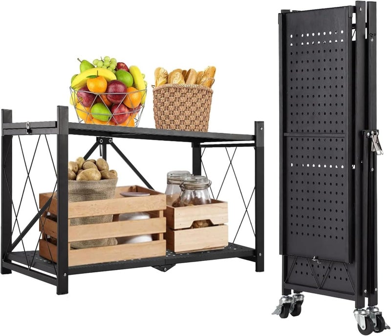 Bentifar 2 Tier Thickened Foldable Storage Rack with Wheels,No Assembly,Large Capacity Shelves,Heavy-Duty Metal Shelving Unit Rolling Cart for Garage, Kitchen, Basement, Pantry(Black, 2-Tier) - Image 1