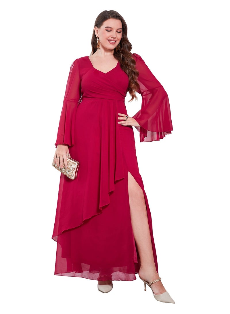 Loquat Women's Chiffon Flare Sleeves Irregular Side Slit Maxi Dress Summer Elegant High Waist Ceremonial Dress  - Image 1