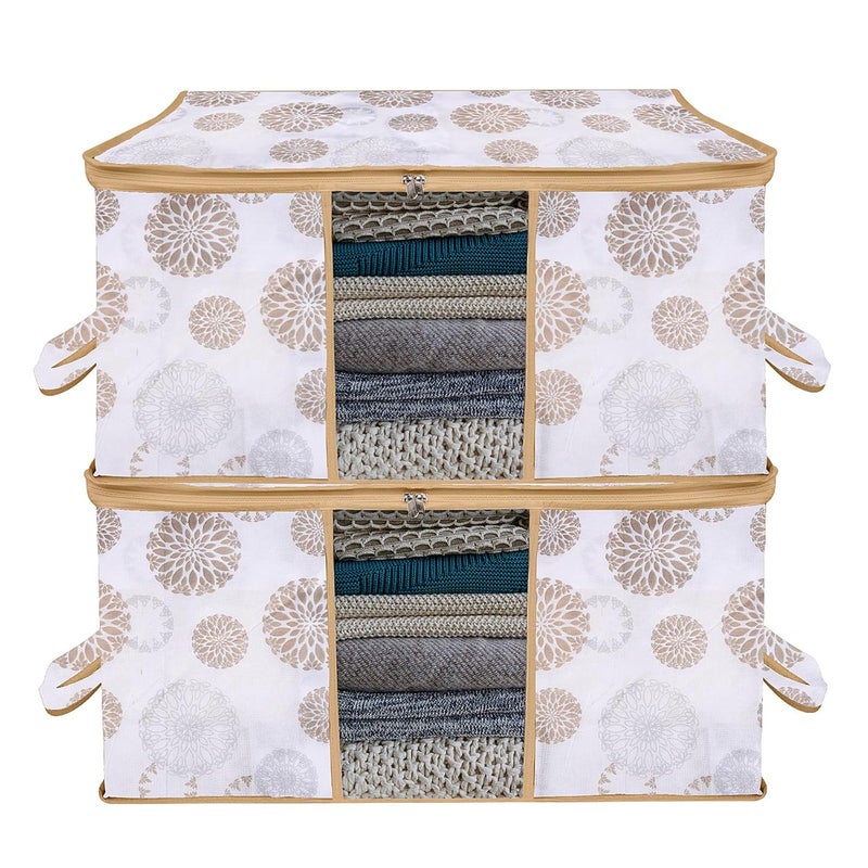Kuber Industries Pack of 2 Underbed Storage Bag Visible Window Wardrobe Bag Clothes Storage Organizer Zipper Clothes Bag Closet Organization with Handle GolaPrint White - Image 1