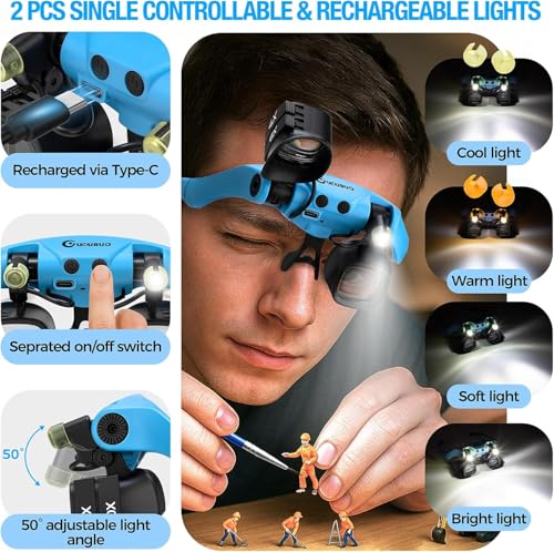 GUOUBUO Magnifying Glass with Light, 2X 4X 6X 10X 13X Magnifying Glasses Lens, Switchable Binoculus Loupe w/Storage Case, Rechargeable Head Mount Magnifier for Close Work Watch Repair Crafts Jewelry - Image 4