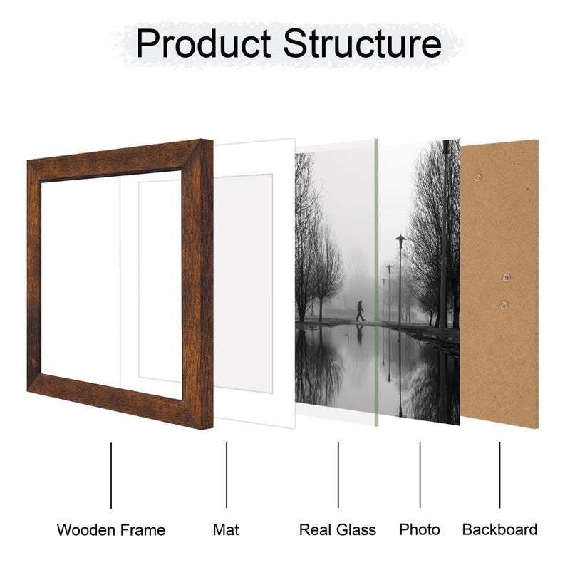 iRahmen 10x10 Picture Frame Set of 4 with Real Glass  Rustic Frames Display 8x8 Picture with Mat or 10 x 10 Without Mat  Wooden Square Photo Frame for Wall Mount and Tabletop Display - Image 3