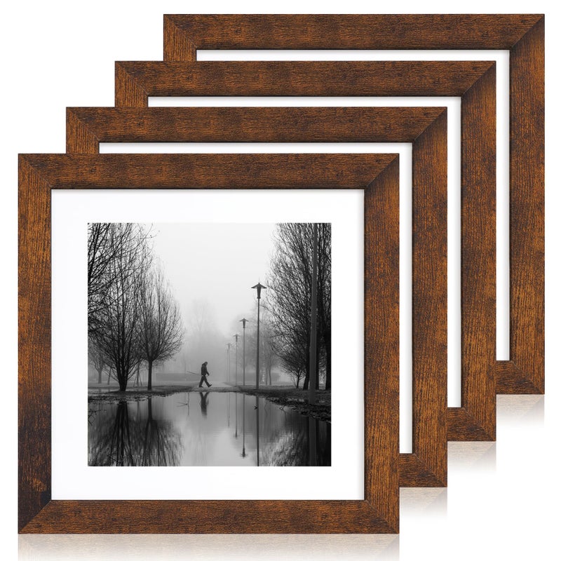 iRahmen 10x10 Picture Frame Set of 4 with Real Glass  Rustic Frames Display 8x8 Picture with Mat or 10 x 10 Without Mat  Wooden Square Photo Frame for Wall Mount and Tabletop Display - Image 1