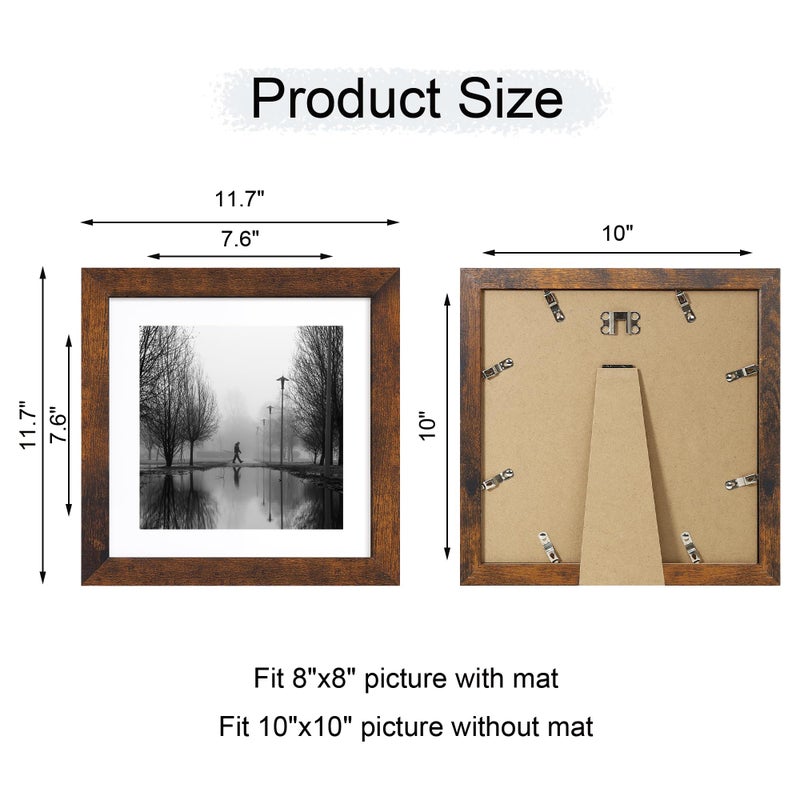 iRahmen 10x10 Picture Frame Set of 4 with Real Glass  Rustic Frames Display 8x8 Picture with Mat or 10 x 10 Without Mat  Wooden Square Photo Frame for Wall Mount and Tabletop Display - Image 4