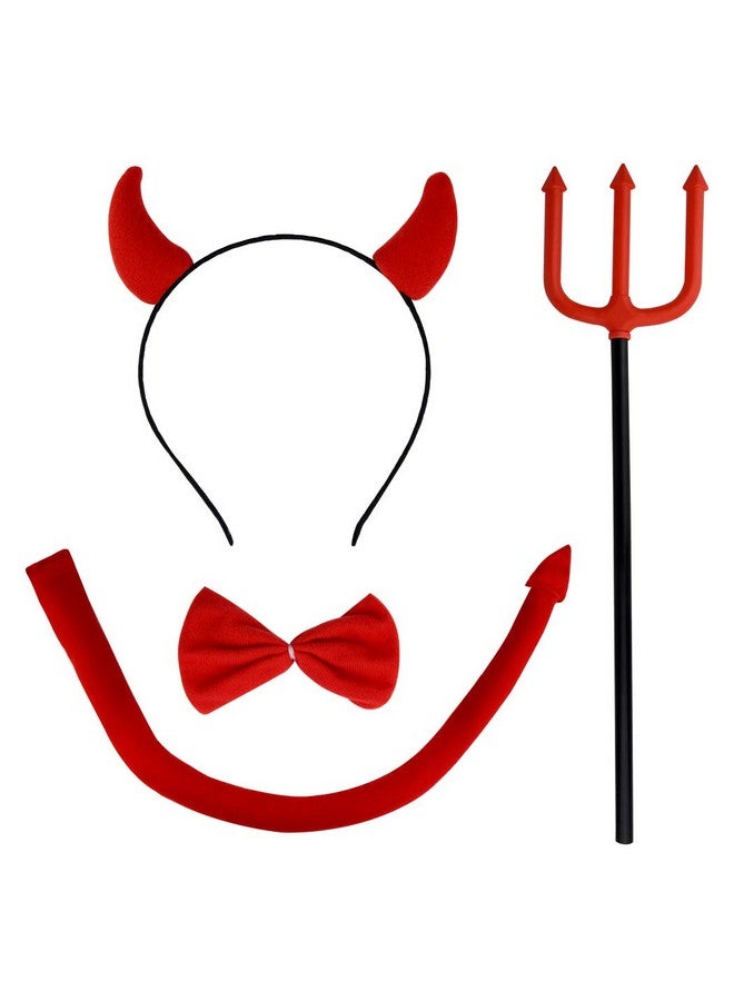 Jmkcoz Halloween Devil Costume Set Devil Horn Headband Red Devil Tail Bowtie Devil Red Pitchfork Demon Cosplay Hair Hoop Accessories For Carnival Themed Party Prop Costume Decoration  - Image 1