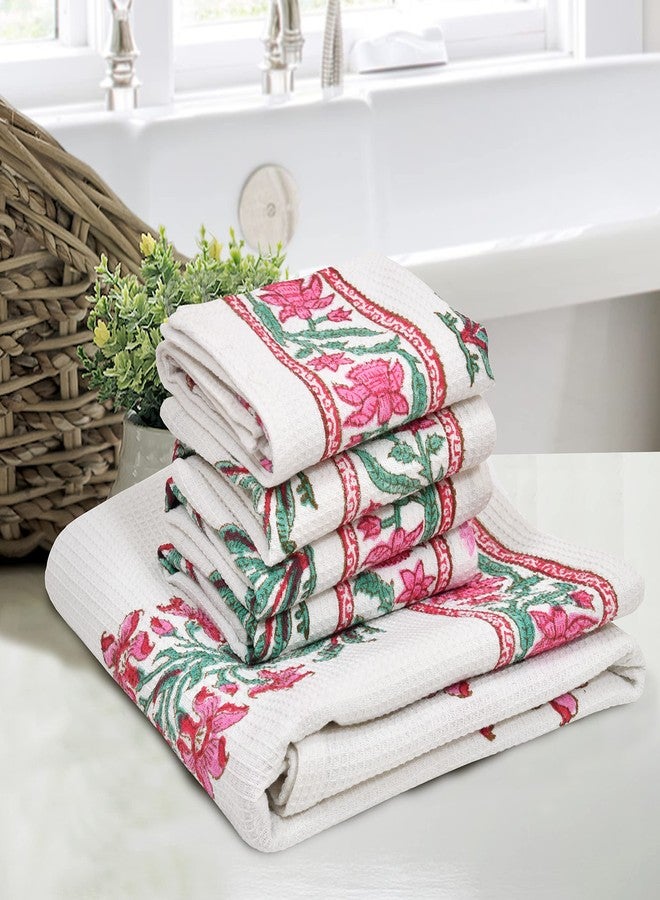 BLOCKS OF INDIA Cotton Hand Block Printed Soft Waffle Fabric Towel Set : 1 Bath Towel and 4 Hand Towel (Color 13) - Image 1