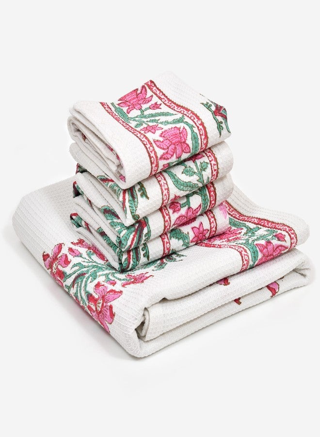 BLOCKS OF INDIA Cotton Hand Block Printed Soft Waffle Fabric Towel Set : 1 Bath Towel and 4 Hand Towel (Color 13) - Image 5