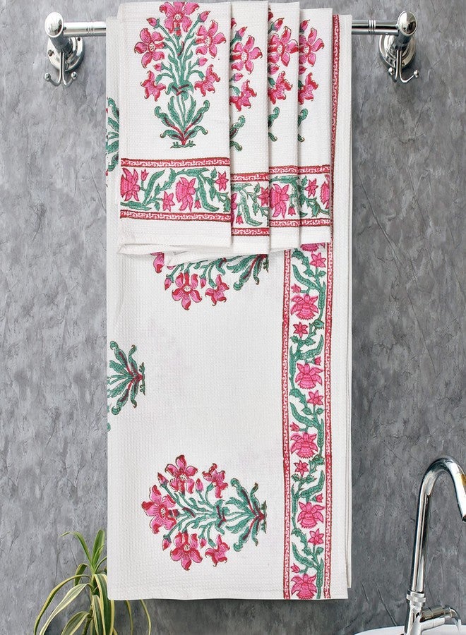 BLOCKS OF INDIA Cotton Hand Block Printed Soft Waffle Fabric Towel Set : 1 Bath Towel and 4 Hand Towel (Color 13) - Image 4