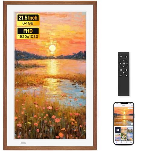 WONNIE Uhale 21.5" Large Digital Picture Frame WiFi Wood with Remote Control, 1920 x 1080 FHD IPS No Touch Screen Electronic Photo Frames Wall Mount with 64GB, Support SD USB, Share Photos Videos Instantly - Image 1