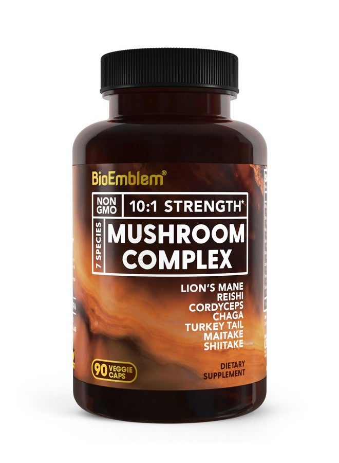 BioEmblem Mushroom Complex - 10:1 Strength and 7 Species - Lions Mane, Reishi, Cordyceps, Chaga, Maitake, Shiitake Mushroom Supplement - Immunity, Energy & Focus, Brain - Non-GMO, Vegan - 90 Caps - Image 1