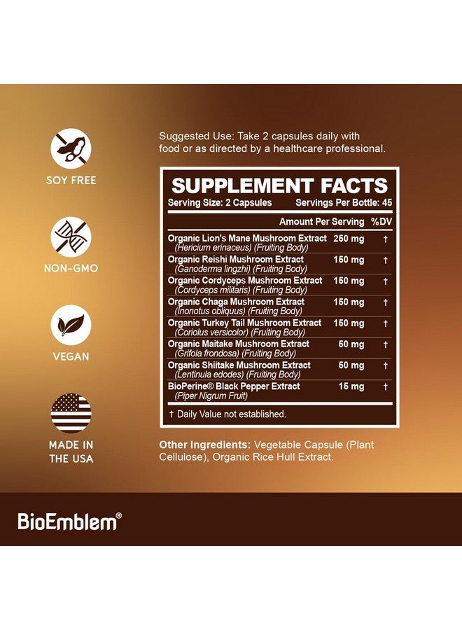 BioEmblem Mushroom Complex - 10:1 Strength and 7 Species - Lions Mane, Reishi, Cordyceps, Chaga, Maitake, Shiitake Mushroom Supplement - Immunity, Energy & Focus, Brain - Non-GMO, Vegan - 90 Caps - Image 5