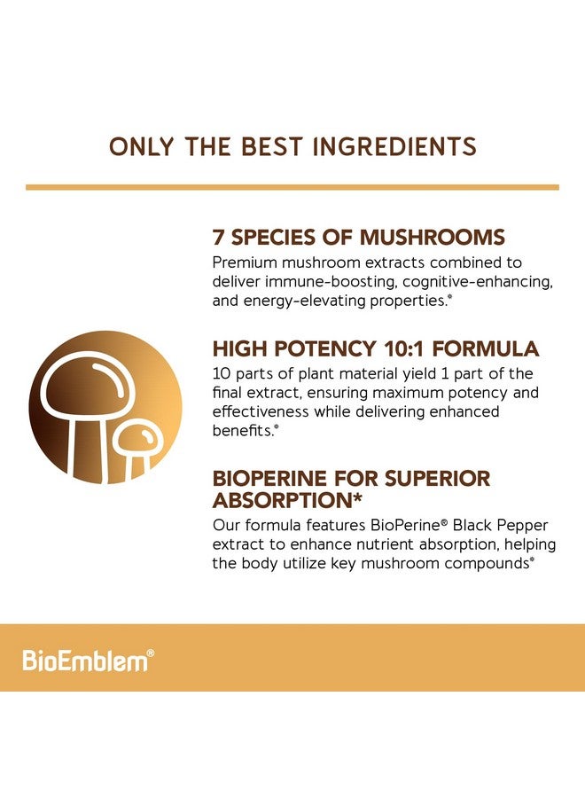 BioEmblem Mushroom Complex - 10:1 Strength and 7 Species - Lions Mane, Reishi, Cordyceps, Chaga, Maitake, Shiitake Mushroom Supplement - Immunity, Energy & Focus, Brain - Non-GMO, Vegan - 90 Caps - Image 2